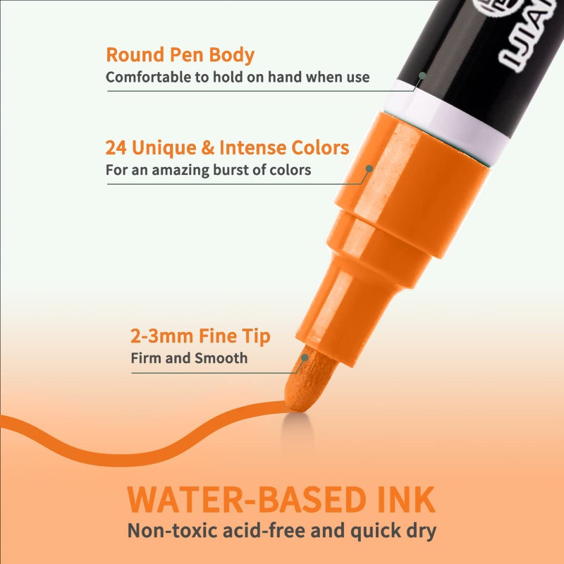 IJIANG Acrylic Paint Marker Pens-24 Colors Permanent Oil Based Acrylic Paint Pen, Medium Tip, Quick Dry and Waterproof Assorted Color Paint Pen for Metal, Wood, Plastic, Stone, Mugs, Canvas, Glass, Art Craft - Image 2